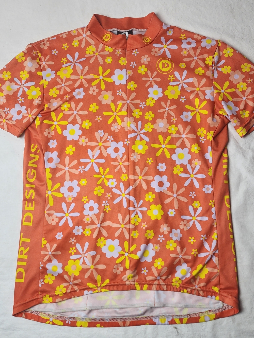 Dirt Designs Orange Yellow Floral Print Short Sleeve Cycling Jersey large womens